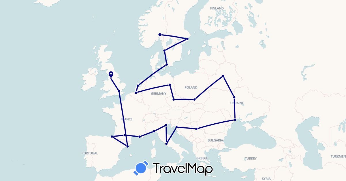 TravelMap itinerary: driving in Belgium, Belarus, Czech Republic, Germany, Denmark, Spain, France, United Kingdom, Croatia, Italy, Netherlands, Norway, Poland, Serbia, Sweden, Ukraine (Europe)